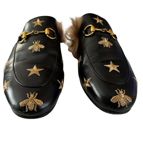 Gucci Horsebit Bee Princetown Fur Mules Loafers Black Size EU 37 US 7 - Picture 6 of 15